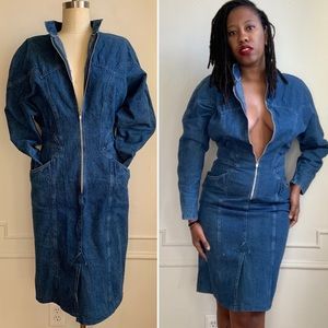Vintage 80s Italian Made Denim Mandarin Collar Dress